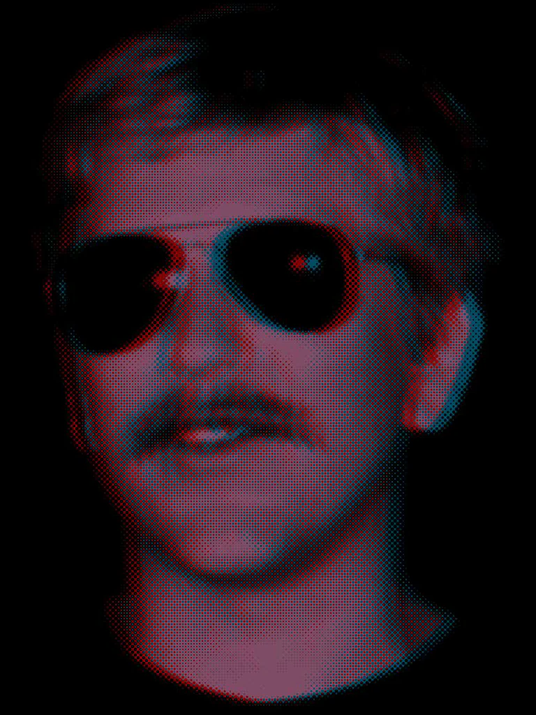 Totally super cool mustache guy wearing wicked awesome Ray-Ban aviator sunglasses at night. Styled with halftone patterns.